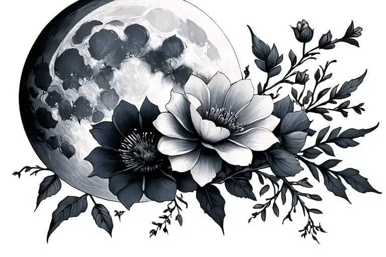 Full Moon And Flowers Intertwined
