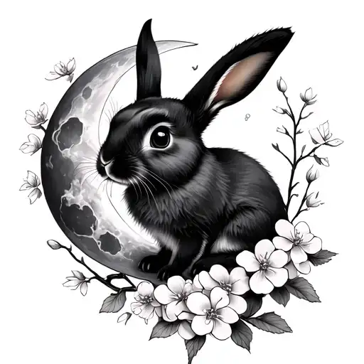 Cresent Moon Black Bunny Sitting Inside Sakura Flowers