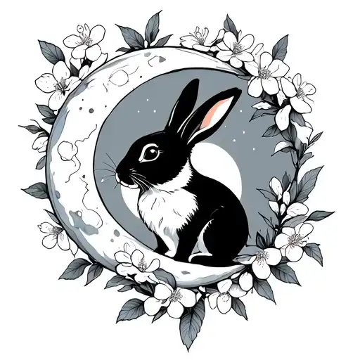 Cresent Moon Black Bunny Sitting Inside Sakura Flowers Lineart