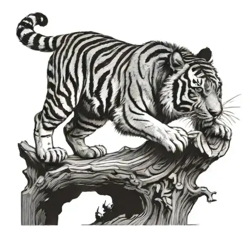 Tiger Jumping Standing Up Onto A Piece Of Wood Carving