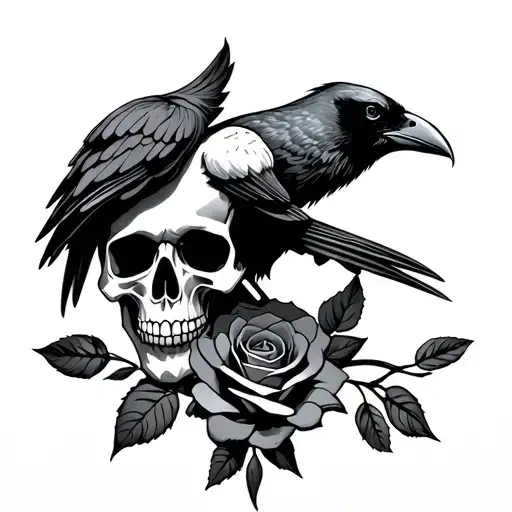 A Skull With A Raven On Top Of It And Rose Below It