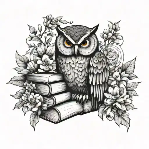 Owl On Books Surrounded By Florals
