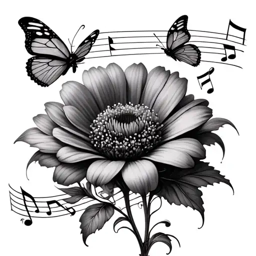 A Flower With Music Notes With Butterflies