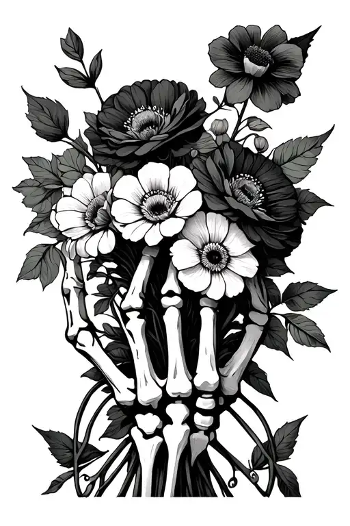 Death Tarot Card But Skeleton Hand With A Bouquet Of Flowrrs