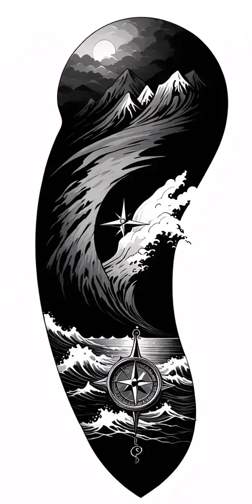 Compass Tattoo With Mountains And Ocean Waves
