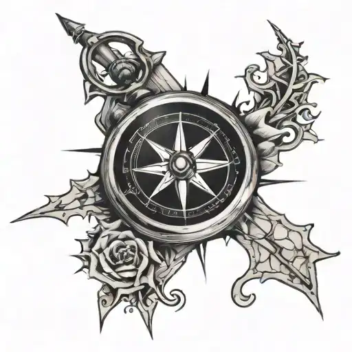 Compass And Map With Rose Thorns Rapping Around