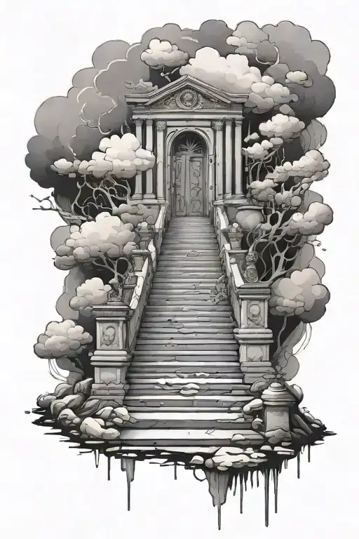 Broken Staircase Leading To Gates In Clouds