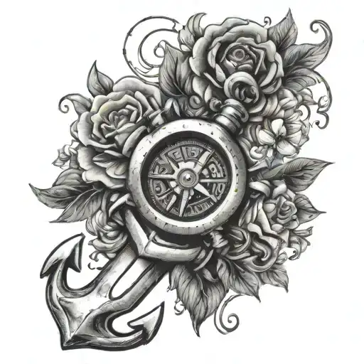 An Anchor With Compass Arm With Peonise Flowers Surrounding It With The Innitials Mia