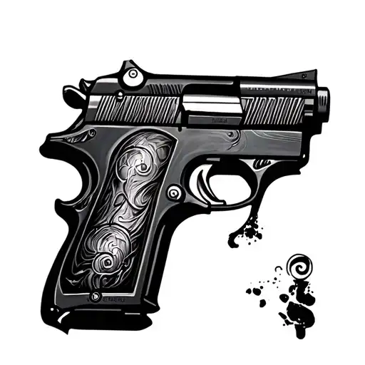Sketch Tattoo Pistol In Black In The Style Of Dark Stytering With Lines