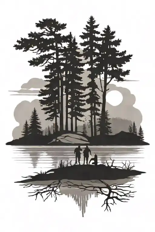Family Off 5 Silluette By Lake With Pine Trees And Mountain In Background