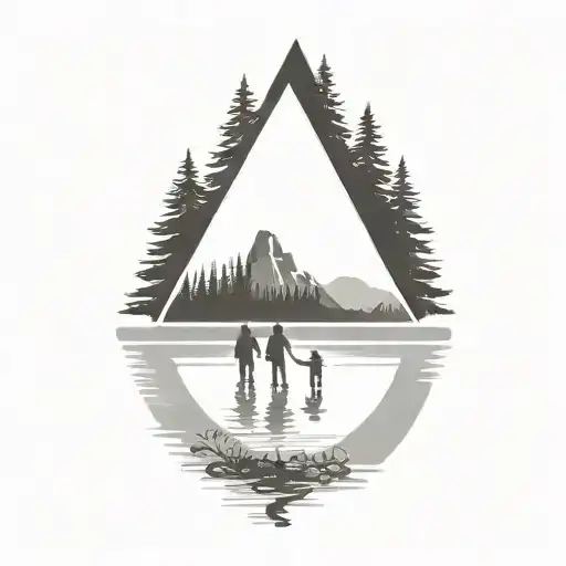 Family Off 5 Silluette By Lake With Pine Trees And Mountain In Background