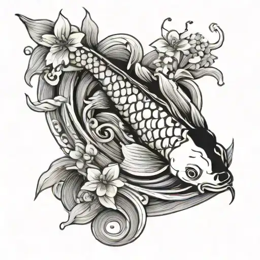 Koi Fish In Waves With Waves And Cherry Blossoms