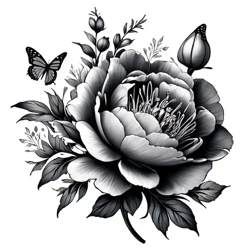 Peonies Tulip And Lilly Flower Fine Line With Butterfly On Each Flower