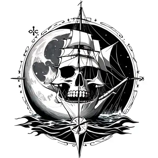 Skull Moon Twelve Masted Clippership And Compass Rose