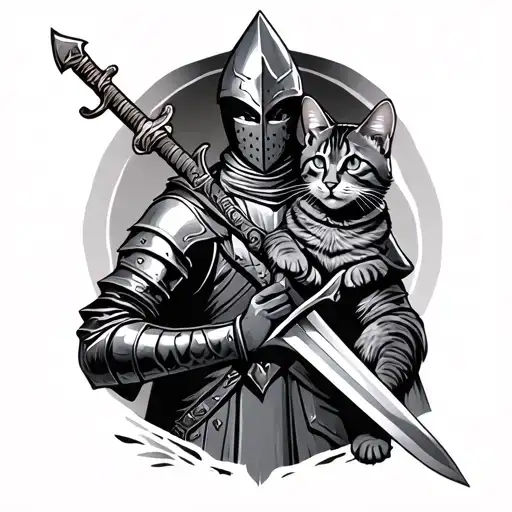 Medieval Knight Holding A Sword With A Cat