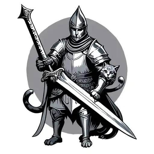 Medieval Knight Holding A Sword With A Cat