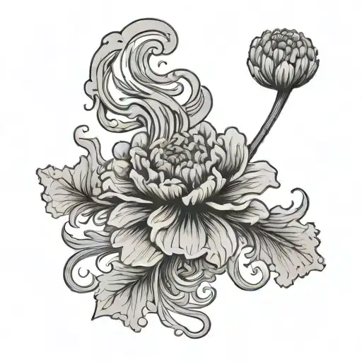 Simple Fine Line Flowing Smoke Forming Into The Shape Of A Marigold