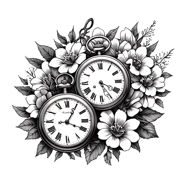 Pocket Watches And Flowers Intertwined Within