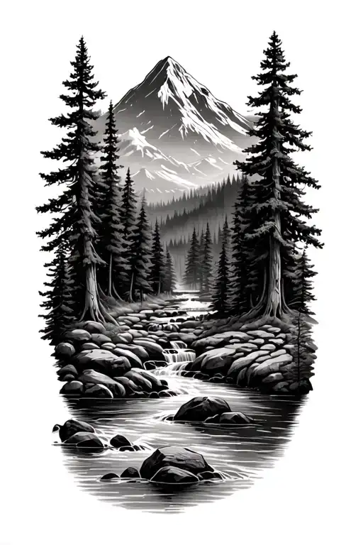 Forest With River Flowing And Mountain In Background