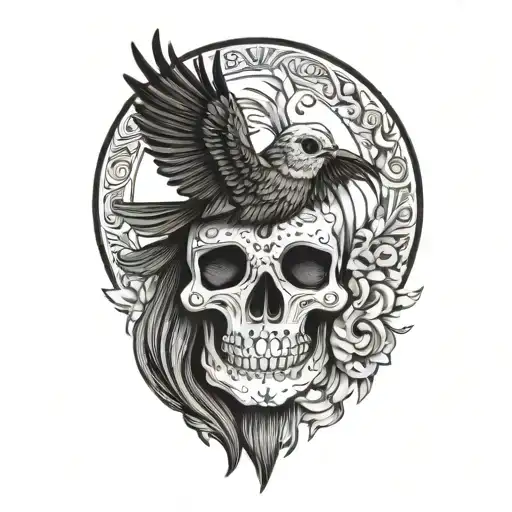 Sugar Skull On Crow Flying