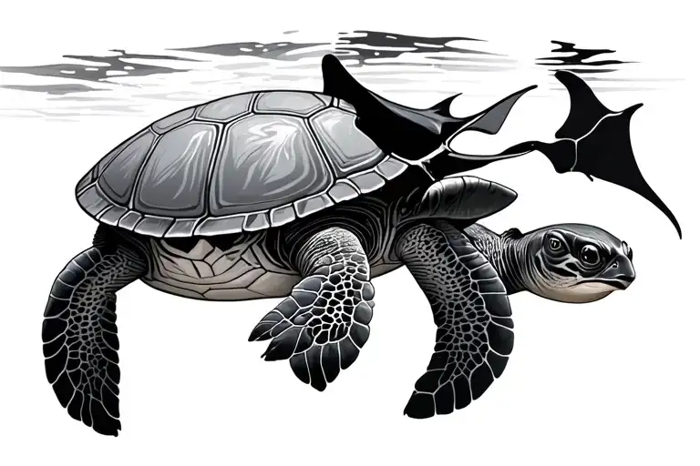 Turtle And Manta Ray Swimming Alongside