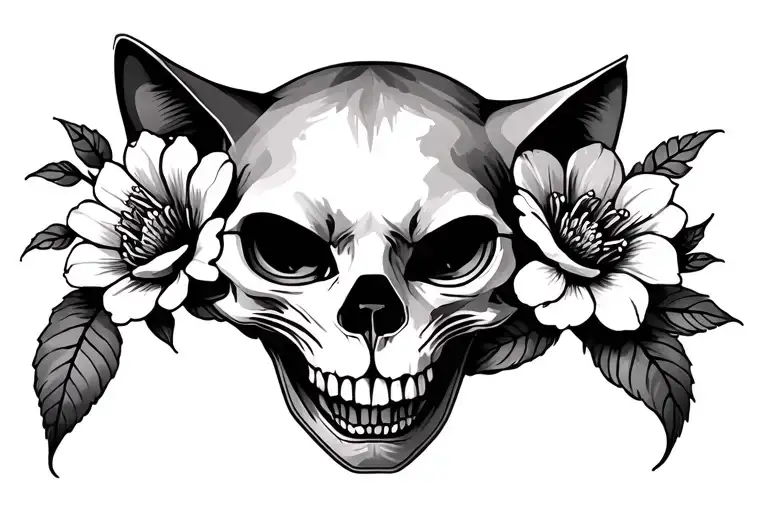 I Want A Forward Facing Cat Skull With Cool Flowers To Do On A Throat Area