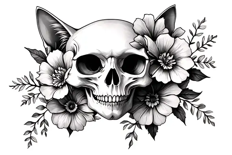 I Want A Forward Facing Cat Skull With Cool Flowers To Do On A Throat Area