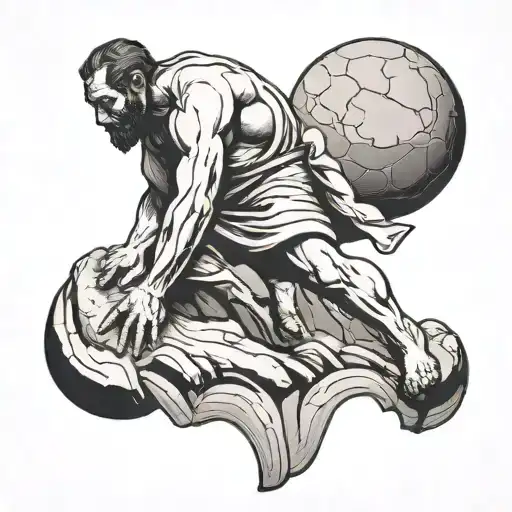 Sisyphus Pushing Stone Up Mountain