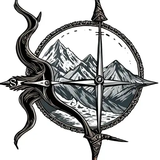 Sagittarius Bow With Mountain And Compass Surrounded