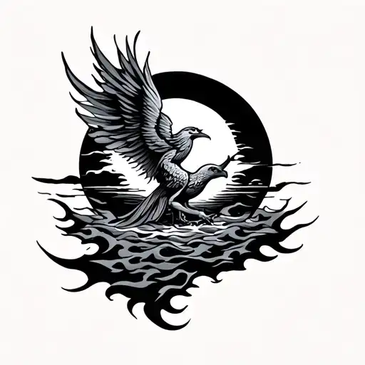 Back Tattoo Of A Rising Sun With A Phoenix Rising From Ashes