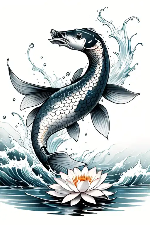 Japanese Koi Jumping Out Of Water Waves With Water Lotus Flower
