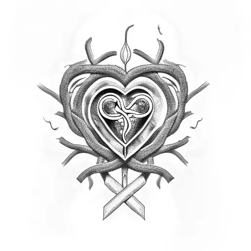 A Detailed Black And Grey Tattoo Featuring A Sacred Heart Intertwined With Vines And Medicinal Herbs