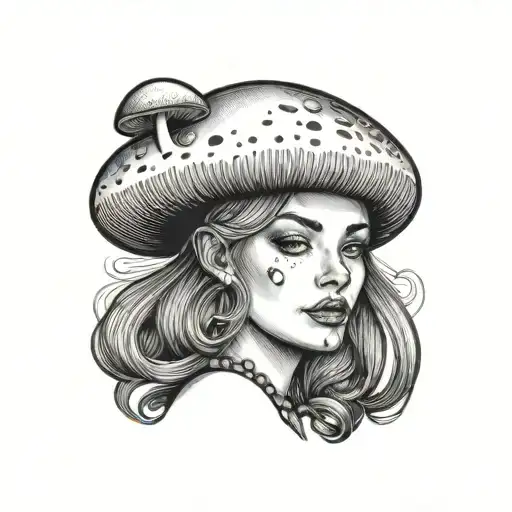 A Small Fine Line Tatoo Of A Woman With A Mushroom On Her Head