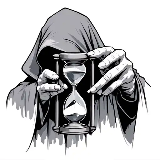 Hooded Figure Holding Hourglass In The Foreground