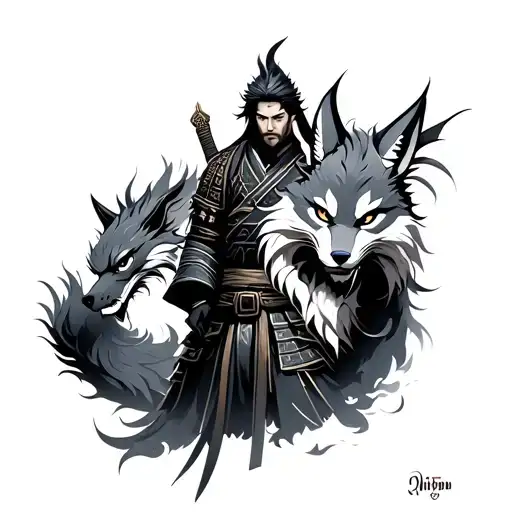 Samurai Next To A Kitsune And A Dragon