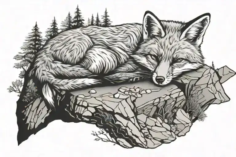 Laying Down Sleeping Fox On A Rock Surrounded By Trees Under A Mountain Range