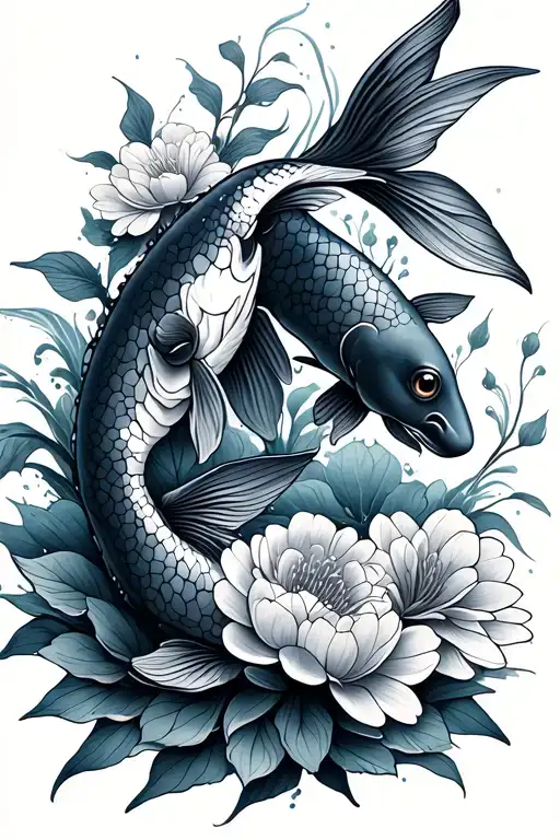 Koi Fish Swimming Together With Some Flowers