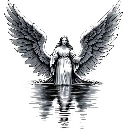 Sun Setting On River With Angel Wings Spread Wide