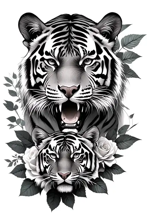 Fierce Tiger With Paperplane And Two Young Tigers And Roses