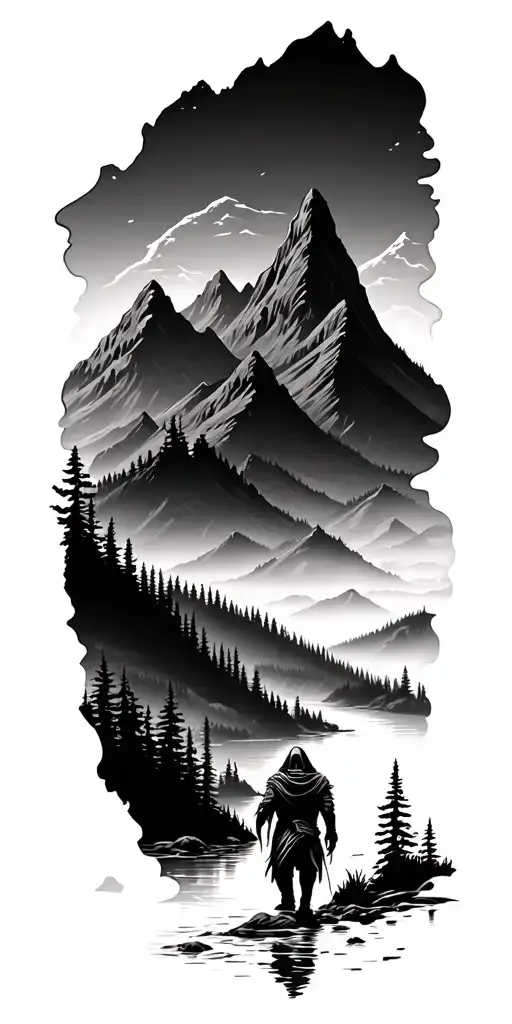 Forest With River Flowing And Mountain Range Silhouette With A Reaper Walking Through Valley