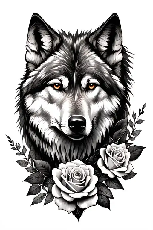 Wolf Tattoo With Roses And Forest Landscape