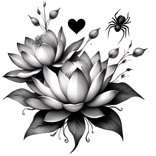 3 Lotus Flowers And Flower And Hearts And Spider