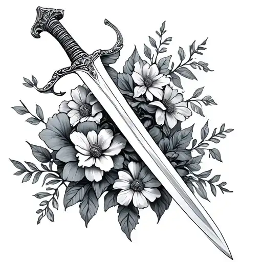 Sabre Sword Wrapped With Flowers Growing With Simply Line Work And Feminine