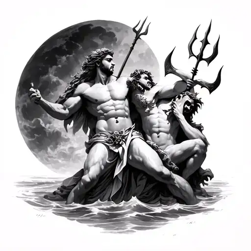 Poseidon Killing A Demon With His Trident While Aphrodite Watches