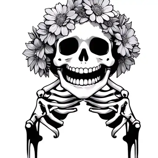 Cutesy Skeleton Holding Fake Smile Over Mouth With Flower Crown Underneath