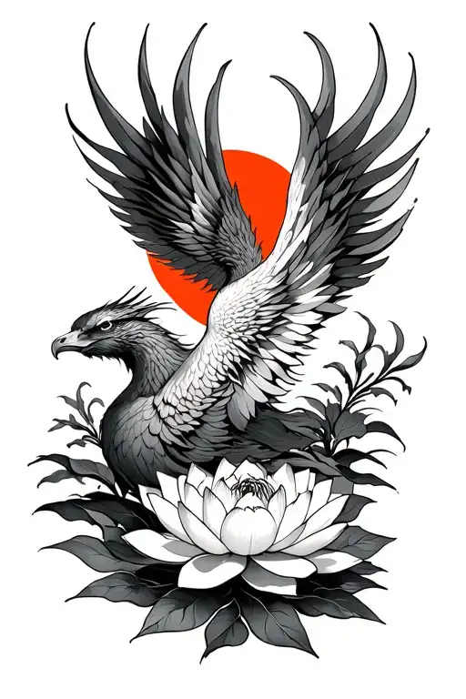 Phoenix Rising Sun With Lotus Flower