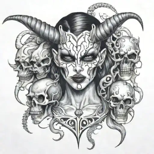 Demon With Woman Mask Surrounded Bye Skulls
