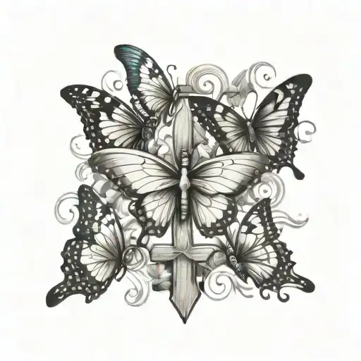 5 Butterflies Flying Towards A Cross And Include A Cancer Ribbon