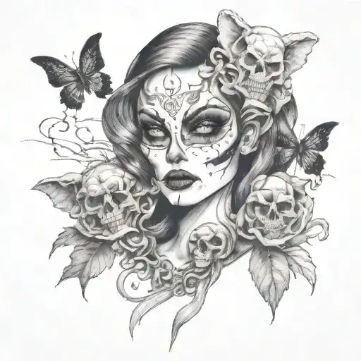 Sexy Demon Woman Surrounded Bye Skulls