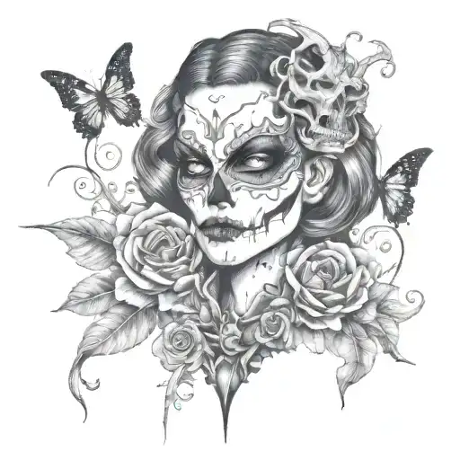 Demon With Woman Mask Surrounded Bye Skulls